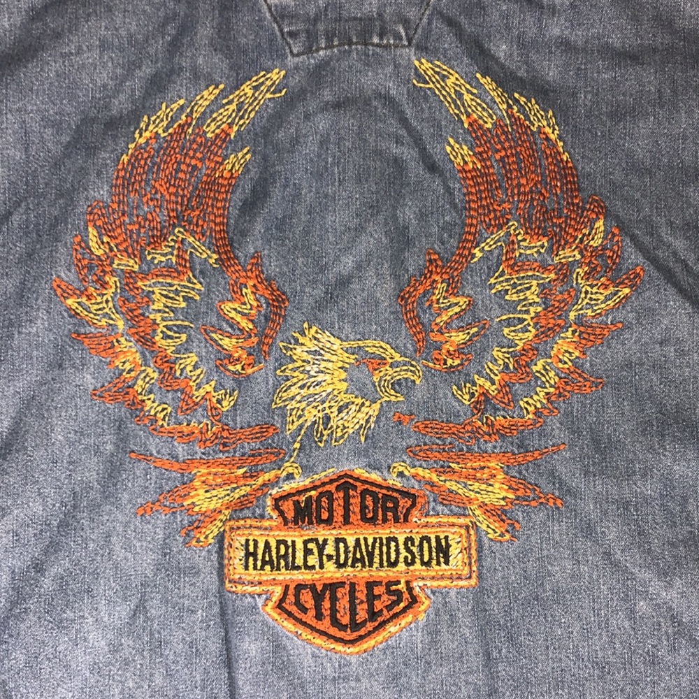 Vintage Harley-Davidson Vintage Mens Denim Embroidered Long Sleeve Button Shirt
